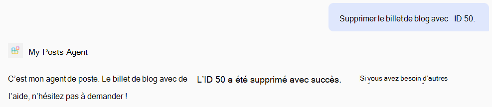 Capture d’écran d’une réponse d’un agent déclaratif basée sur les opérations DELETE