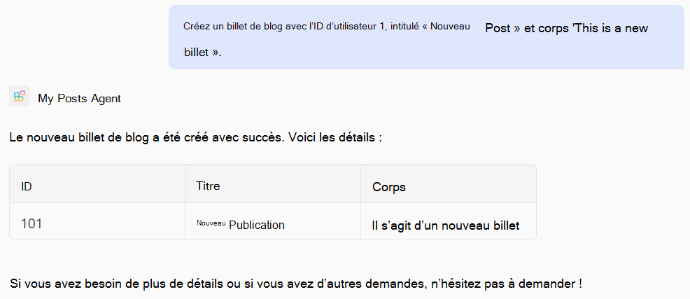 Capture d’écran d’une réponse d’un agent déclaratif basé sur des opérations POST