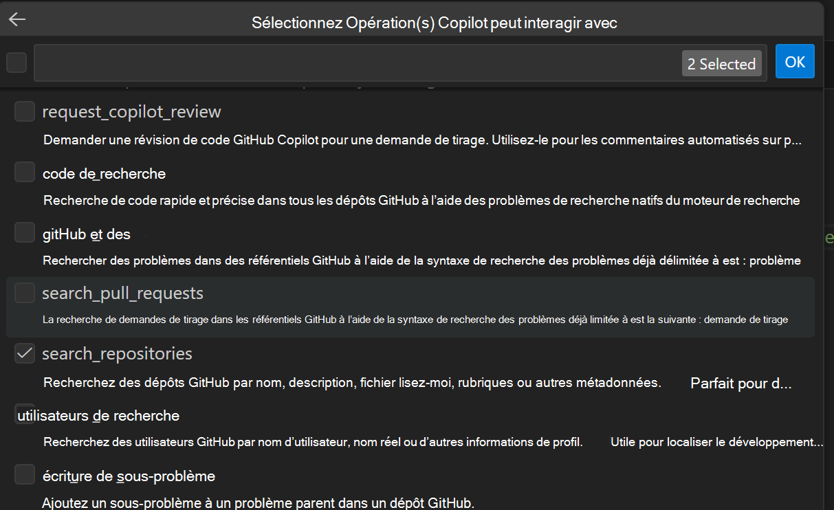 Capture d’écran de l’interface de sélection des outils dans VS Code