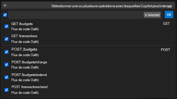 L’interface utilisateur du Kit de ressources Agents pour sélectionner les opérations