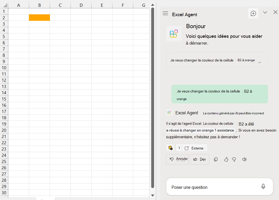 Capture d’écran d’un classeur Excel avec la cellule B2 de couleur orange. Sur la droite, l’agent Excel dans le volet Copilot indique « Il s’agit de l’agent Excel. La couleur de la cellule B2 a été remplacée par l’orange. Si vous avez besoin d’aide supplémentaire, n’hésitez pas à demander&nbsp;! Il y a une note de bas de page numérotée 1 après le mot orange. Sous le message, le numéro 1 apparaît avec un lien intitulé « external ». Vous trouverez ci-dessous des boutons intitulés « Annuler » et « Dev ».