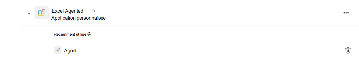 Capture d’écran de la ligne de l’application Excel Agent dans la page des applications Teams. Une icône de corbeille se trouve à l’extrémité droite de la ligne.