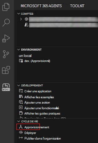 Capture d’écran de l’option Provisionner dans le volet Cycle de vie du Kit de ressources Agents