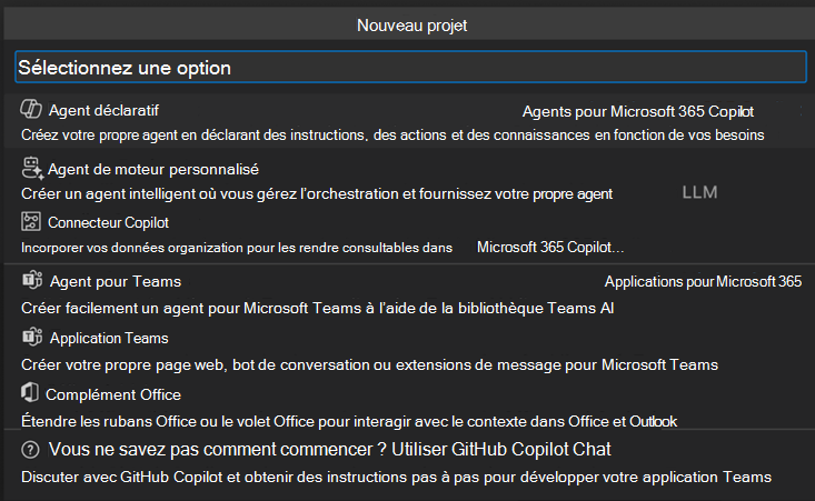 Capture d’écran des options Nouveau projet avec Agent déclaratif en haut.