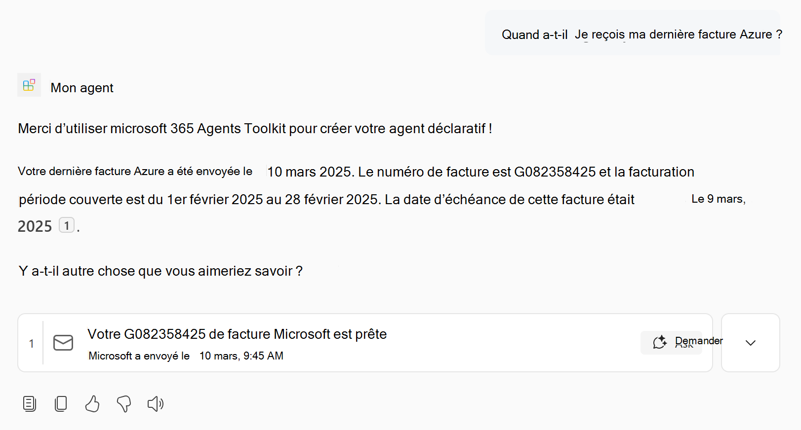 Capture d’écran montrant une réponse de l’agent déclaratif qui contient des informations sur les e-mails