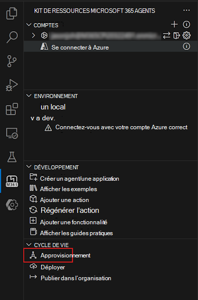 Capture d’écran de l’option Provisionner dans le volet Cycle de vie du Kit de ressources Microsoft 365 Agents