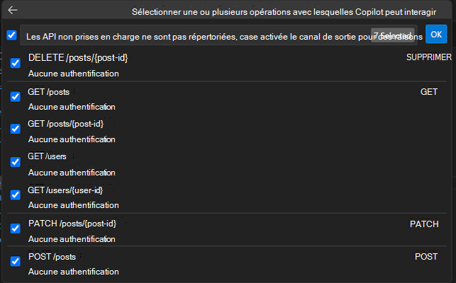Capture d’écran de la boîte de dialogue de sélection d’API dans Visual Studio Code
