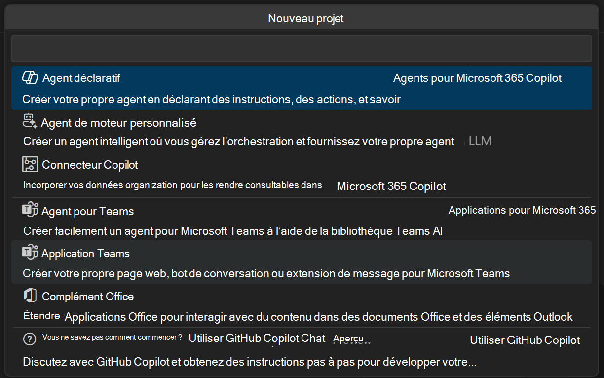 Capture d’écran des options Nouveau projet avec Agent sélectionné