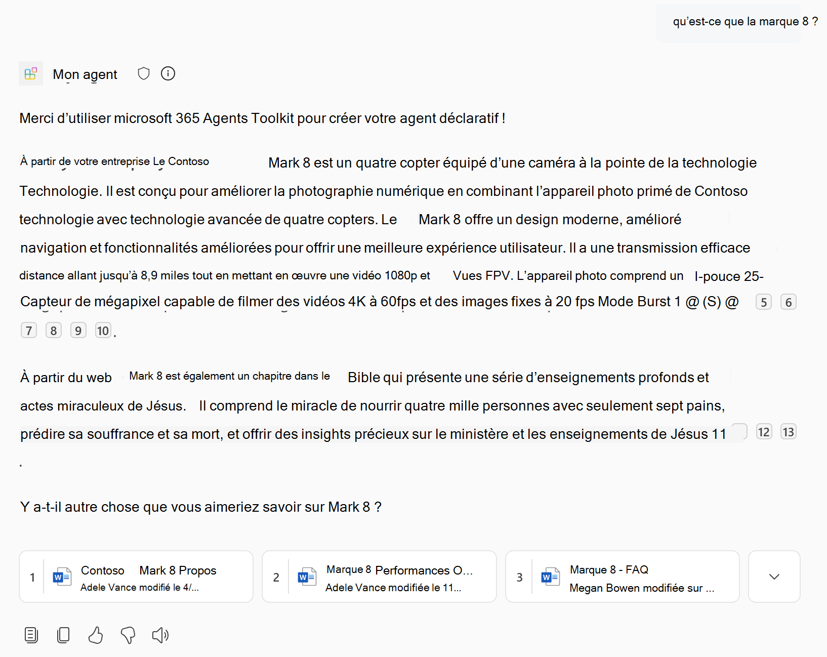 Capture d’écran montrant une réponse de l’agent déclaratif qui contient du contenu SharePoint et OneDrive