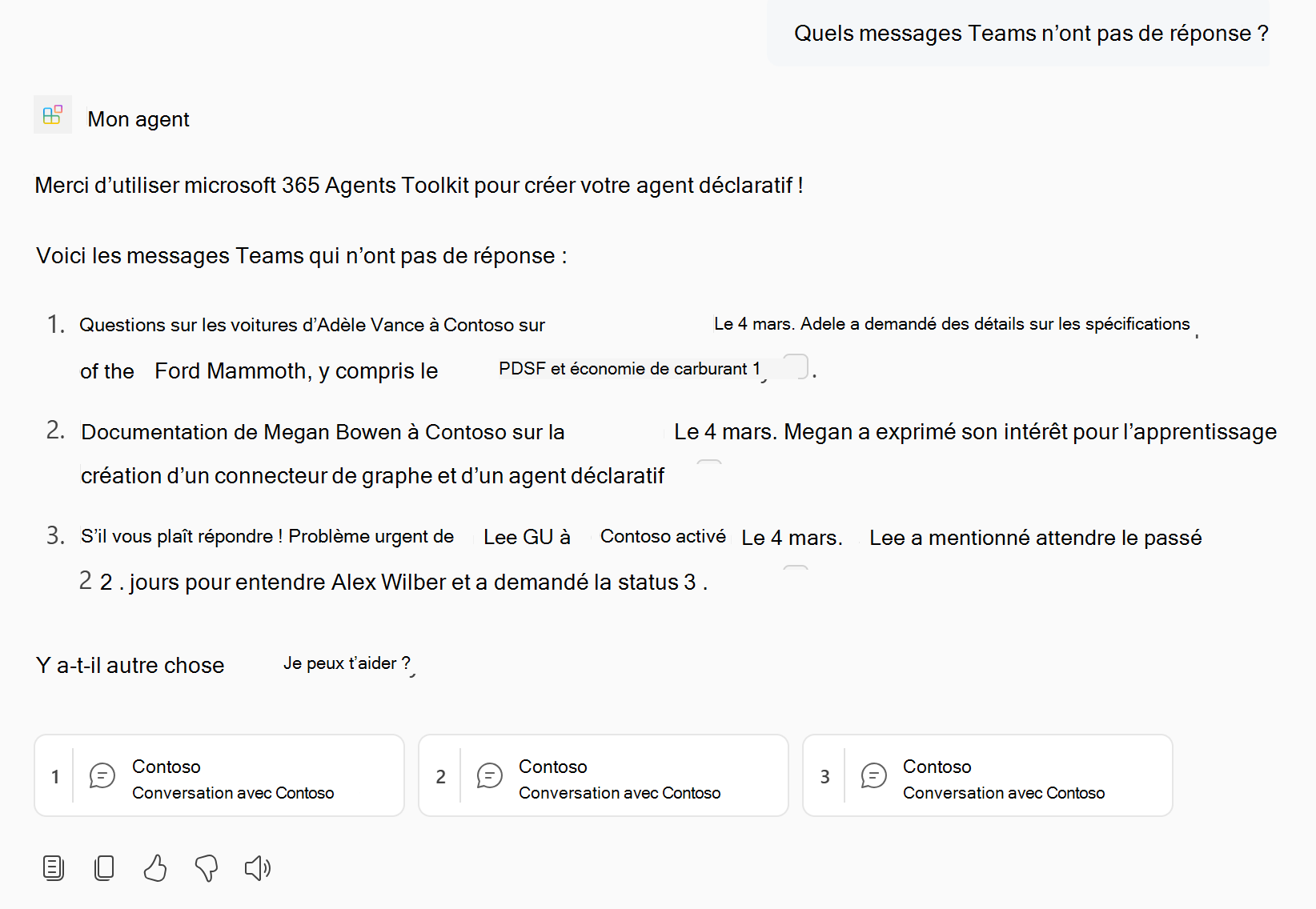 Capture d’écran montrant une réponse de l’agent déclaratif qui contient du contenu Teams