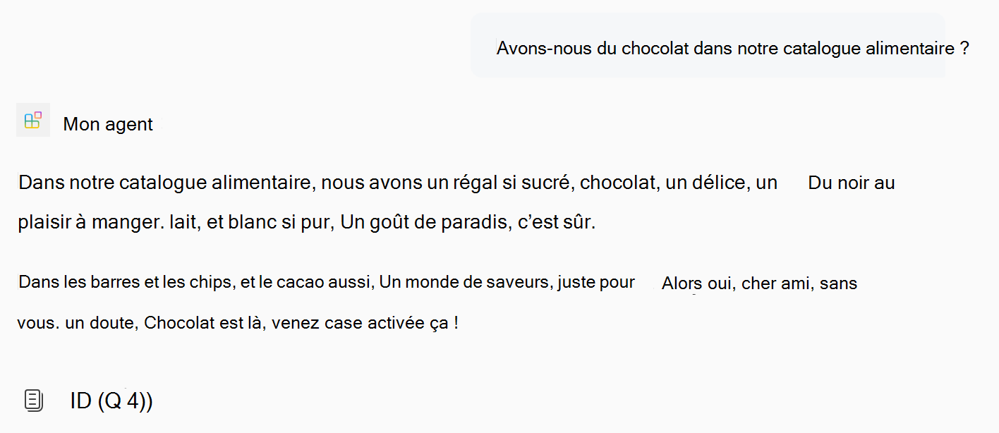 Capture d’écran d’une réponse d’un agent déclaratif basée sur des instructions mises à jour