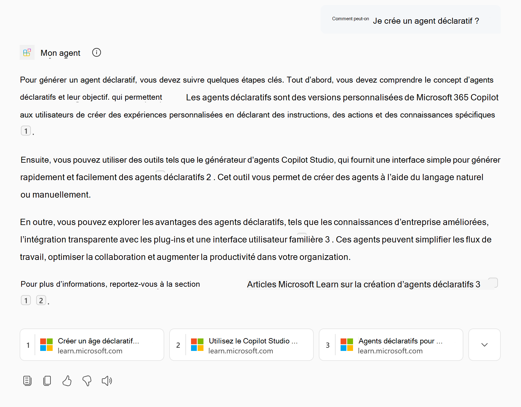 Capture d’écran montrant une réponse de l’agent déclaratif qui contient du contenu web