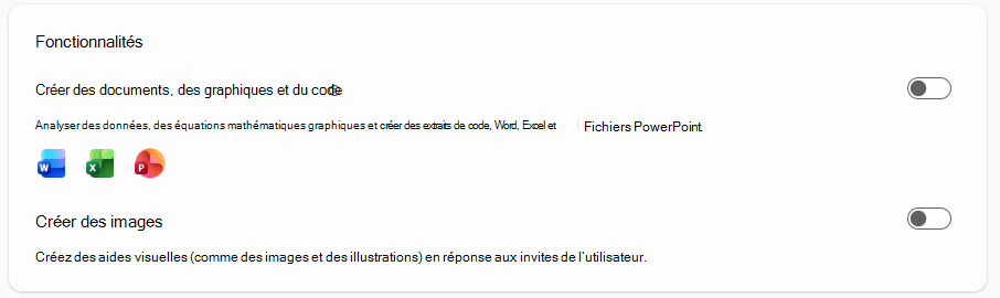 Capture d’écran de la section Fonctionnalités dans Agent Builder dans Microsoft 365 Copilot