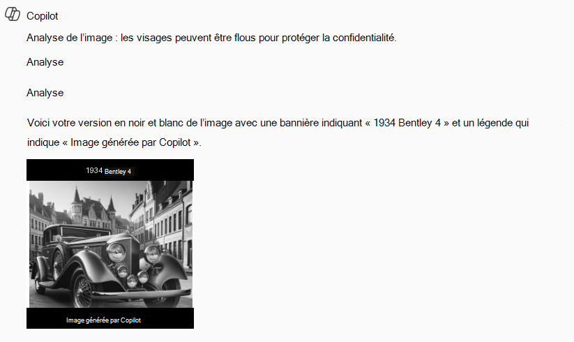 Image en noir et blanc d’une voiture Bentley 4 de 1934, modifiée par Copilot.