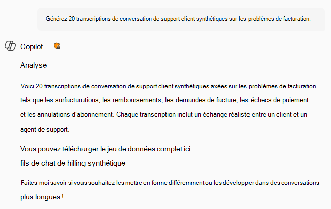 Tableau des conversations de support client synthétiques.