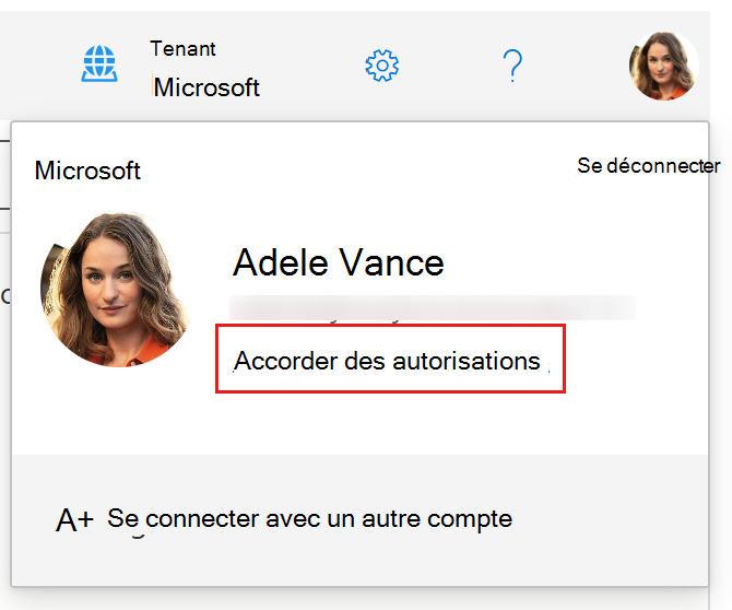 Capture d’écran du menu volant du profil utilisateur dans Graph Explorer