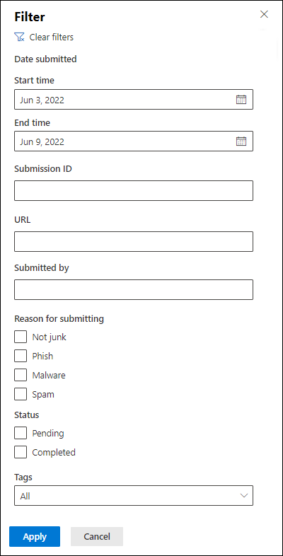 Options de filtre pour les soumissions d’administrateur d’URL.