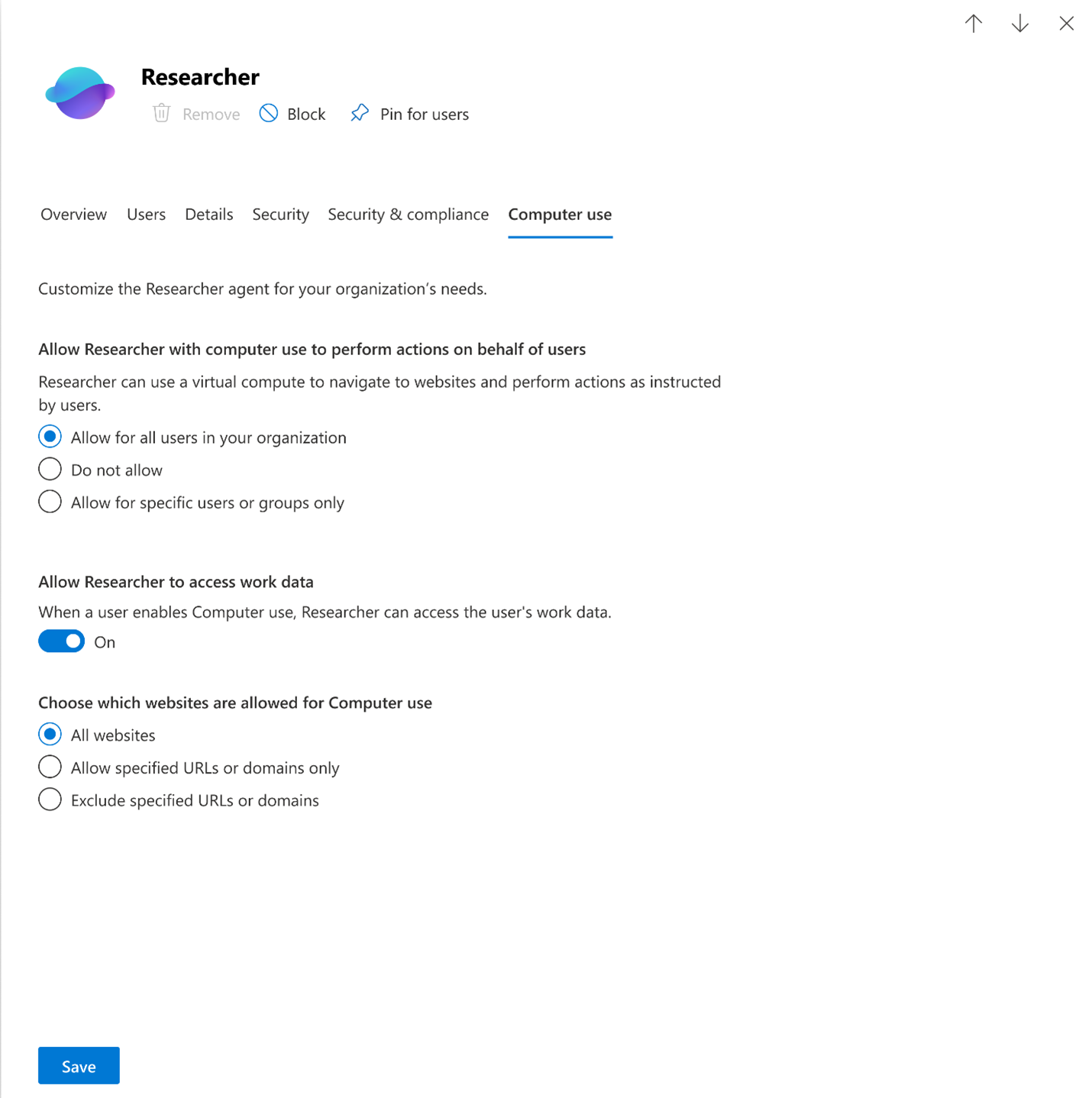 Capture d’écran montrant la page Chercheur pour l’utilisation de l’ordinateur.
