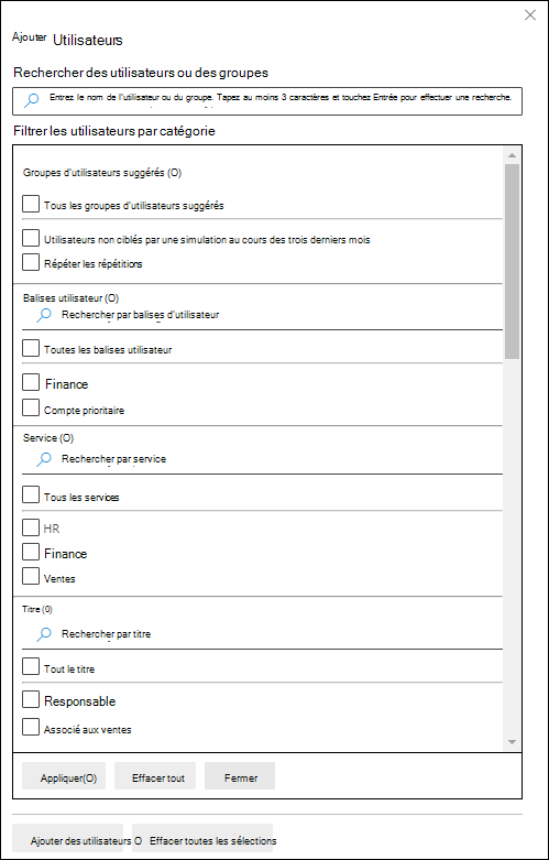 Filtrage utilisateur sur la page Utilisateurs cibles dans Exercice de simulation d'attaque dans le portail Microsoft 365 Defender