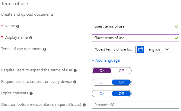 Capture d’écran de Microsoft Entra nouveaux paramètres de conditions d’utilisation.