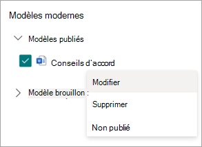 Capture d’écran de la section Modèles modernes montrant les modèles publiés.