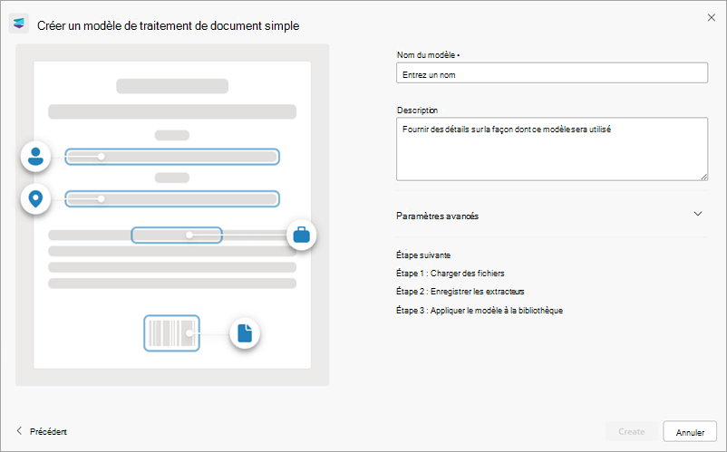 Capture d’écran du volet droit de la page Créer un modèle de traitement de document simple.