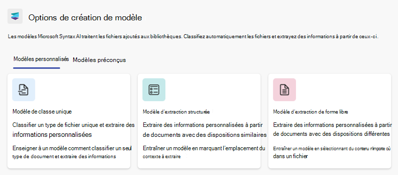 Capture d’écran montrant la section Modèles personnalisés sur la page Options de création de modèle.