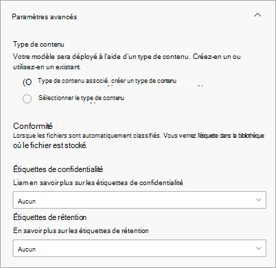 Capture d’écran de la section Paramètres avancés dans la page Créer un modèle de traitement de document simple.