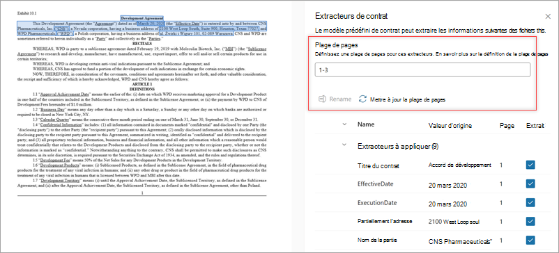 Capture d’écran du panneau Extracteurs montrant l’option Plage de pages.