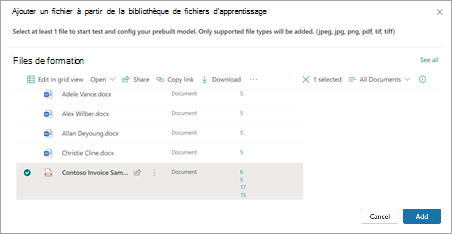 Capture d’écran de la page Ajouter un fichier à partir de la bibliothèque de fichiers d’entraînement.