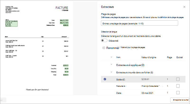 Capture d’écran de la page des détails de l’extracteur et du panneau Extracteurs.