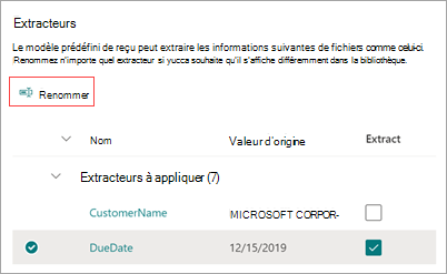 Capture d’écran du panneau Extracteurs montrant comment renommer un extracteur.