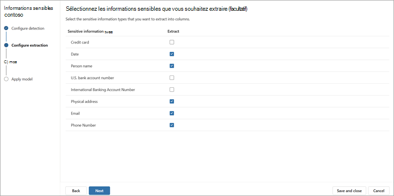 Capture d’écran de la page Configurer l’extraction.