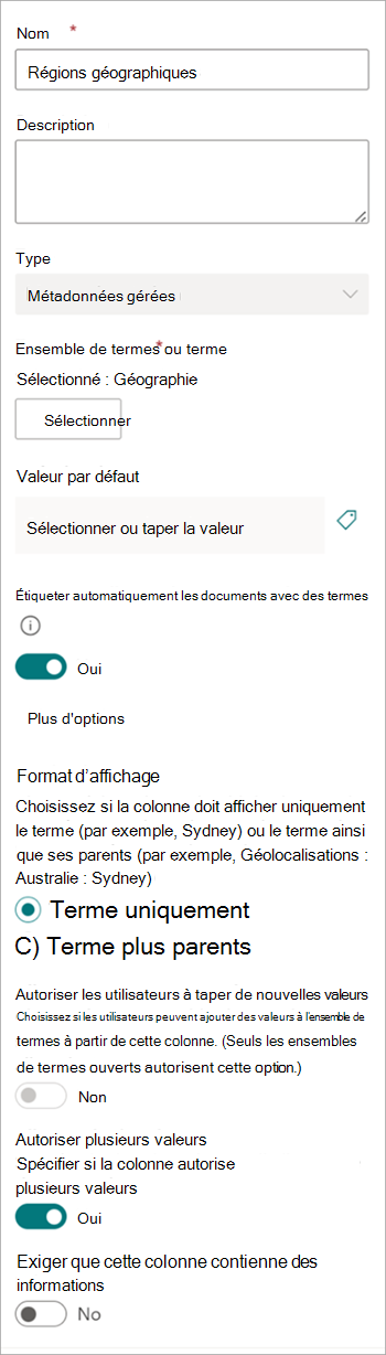 Capture d’écran montrant le panneau Paramètres de colonne pour la colonne de taxonomie.