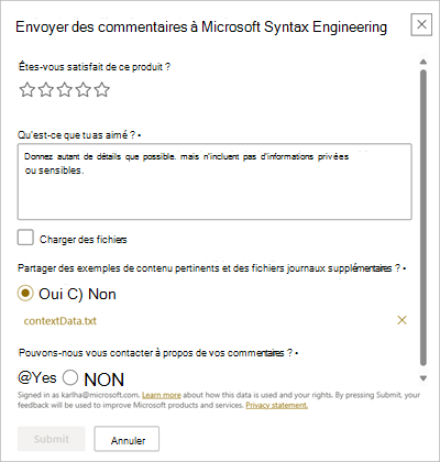 Capture d’écran de l’écran Envoyer des commentaires à Microsoft.