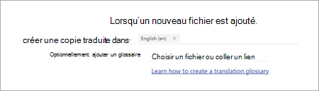 Capture d’écran de la page d’instruction de règle montrant l’option glossaire.
