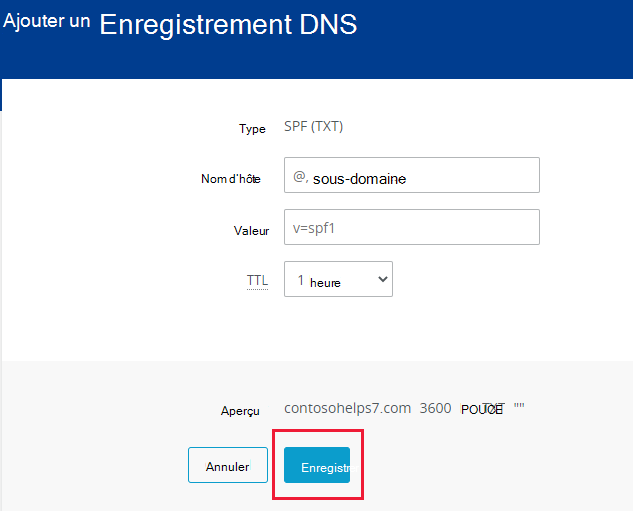 Capture d’écran de l’emplacement où vous sélectionnez Enregistrer pour ajouter un enregistrement TXT SPF.