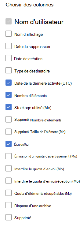 Rapport d’utilisation de la boîte aux lettres : choisissez des colonnes.