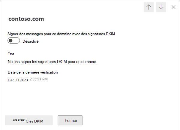 Onglet Détails du domaine montrant la signature DKIM désactivée et aucune signature DKIM configurée pour le domaine.