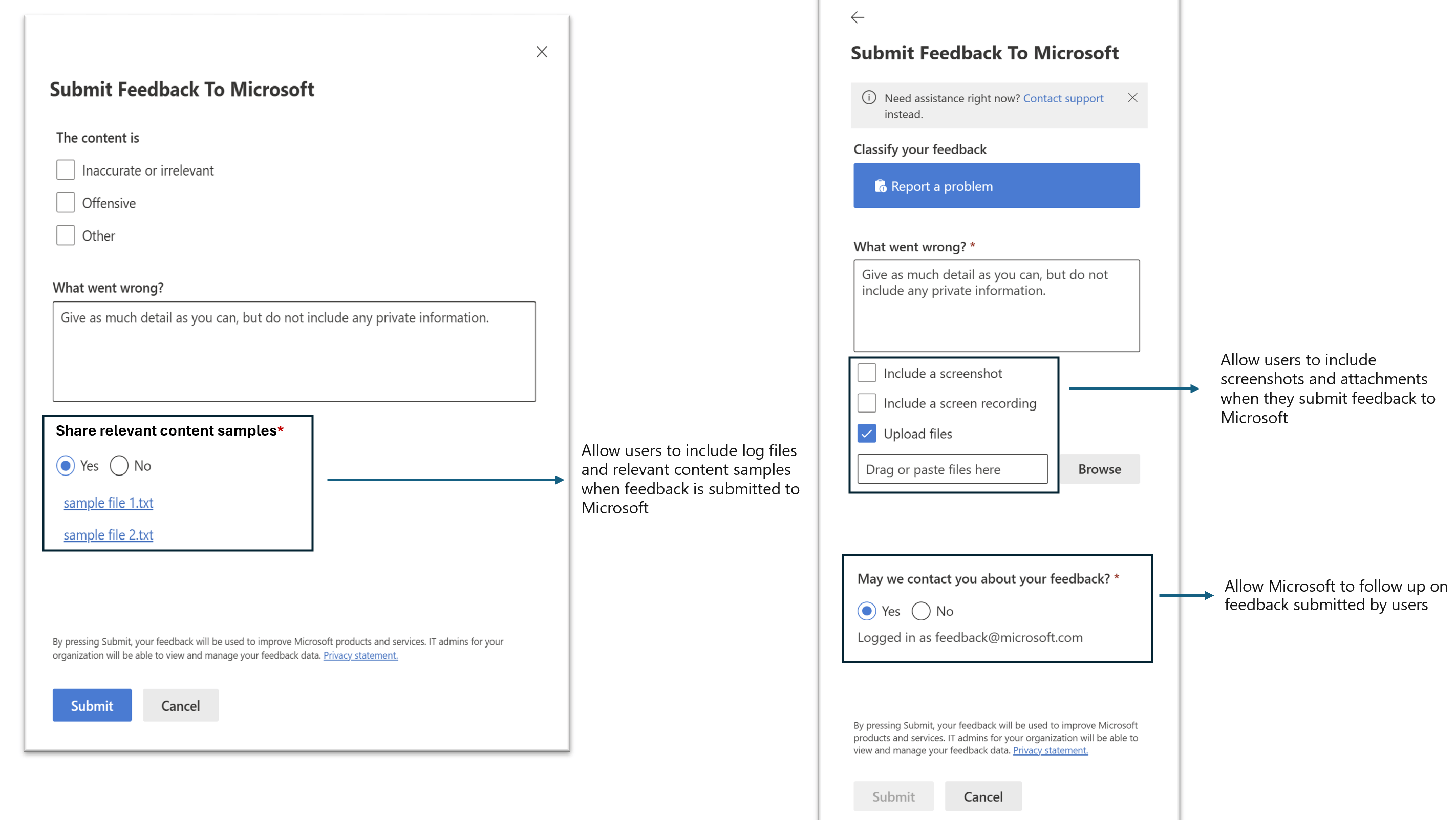 Capture d’écran : Exemple de commentaires de soumission d’utilisateur à Microsoft