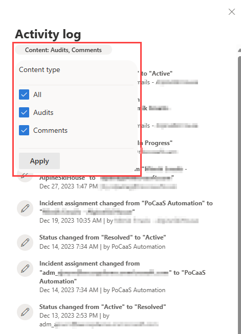 Mise en surbrillance des options de filtre dans le volet du journal d’activité à partir de la page d’incident du portail Microsoft Defender