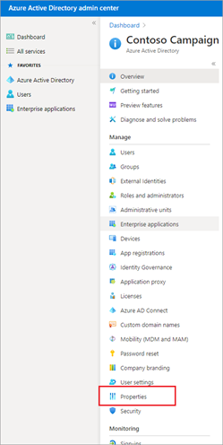 Capture d’écran du Centre d’administration Azure Active Directory montrant l’emplacement de l’élément de menu Propriétés.