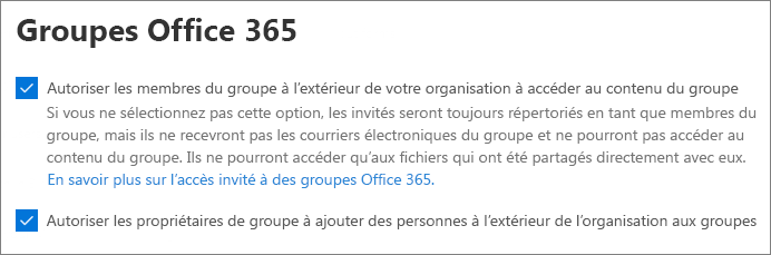 Screenshot of Microsoft 365 Groups guest settings in the Microsoft 365 admin center.
