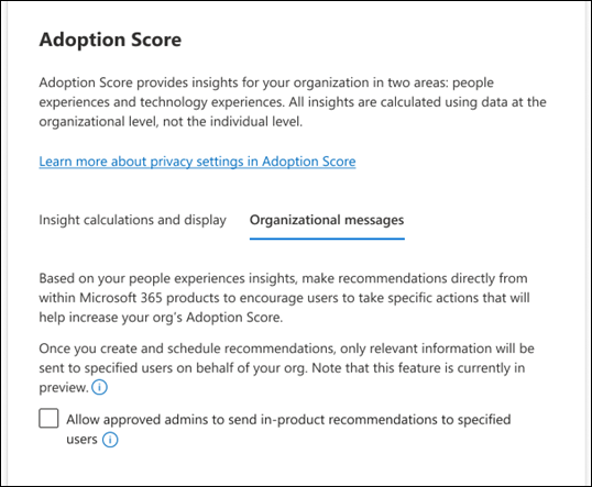 Capture d’écran : Activer les messages organisationnels dans le score d’adoption