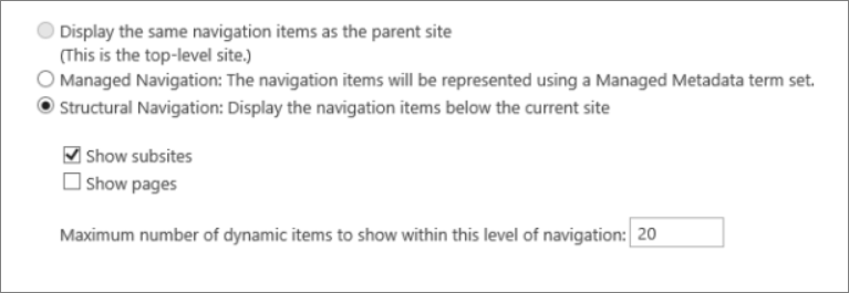 Navigation structurelle avec l’option Afficher les sous-sites sélectionnée.