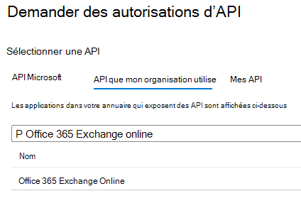 Capture d’écran de « Sélectionner une API » sous « Demander des autorisations d’API ».