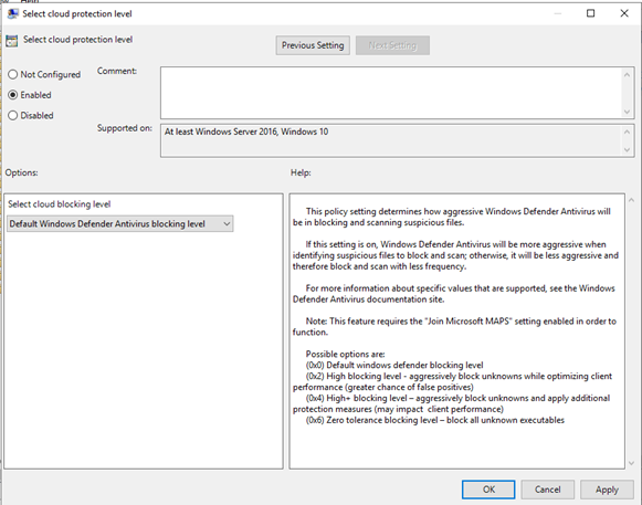 niveau de protection du cloud de configuration