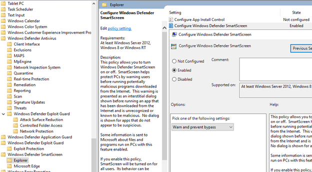 Configurer l’Explorateur d’écran intelligent Windows Defender