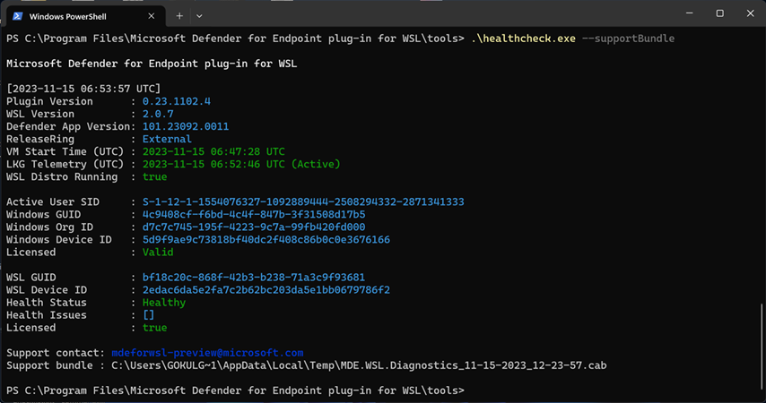 Capture d’écran montrant status dans la sortie PowerShell.