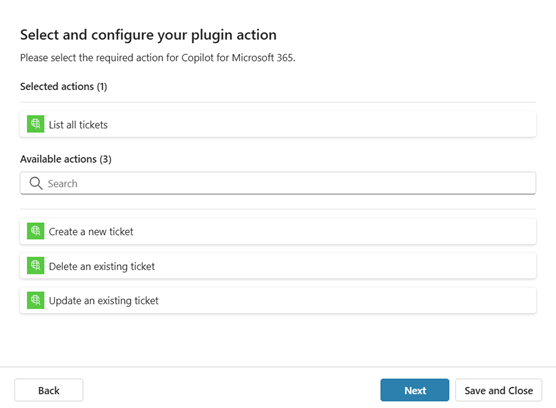 Affichez les actions API sélectionnées.
